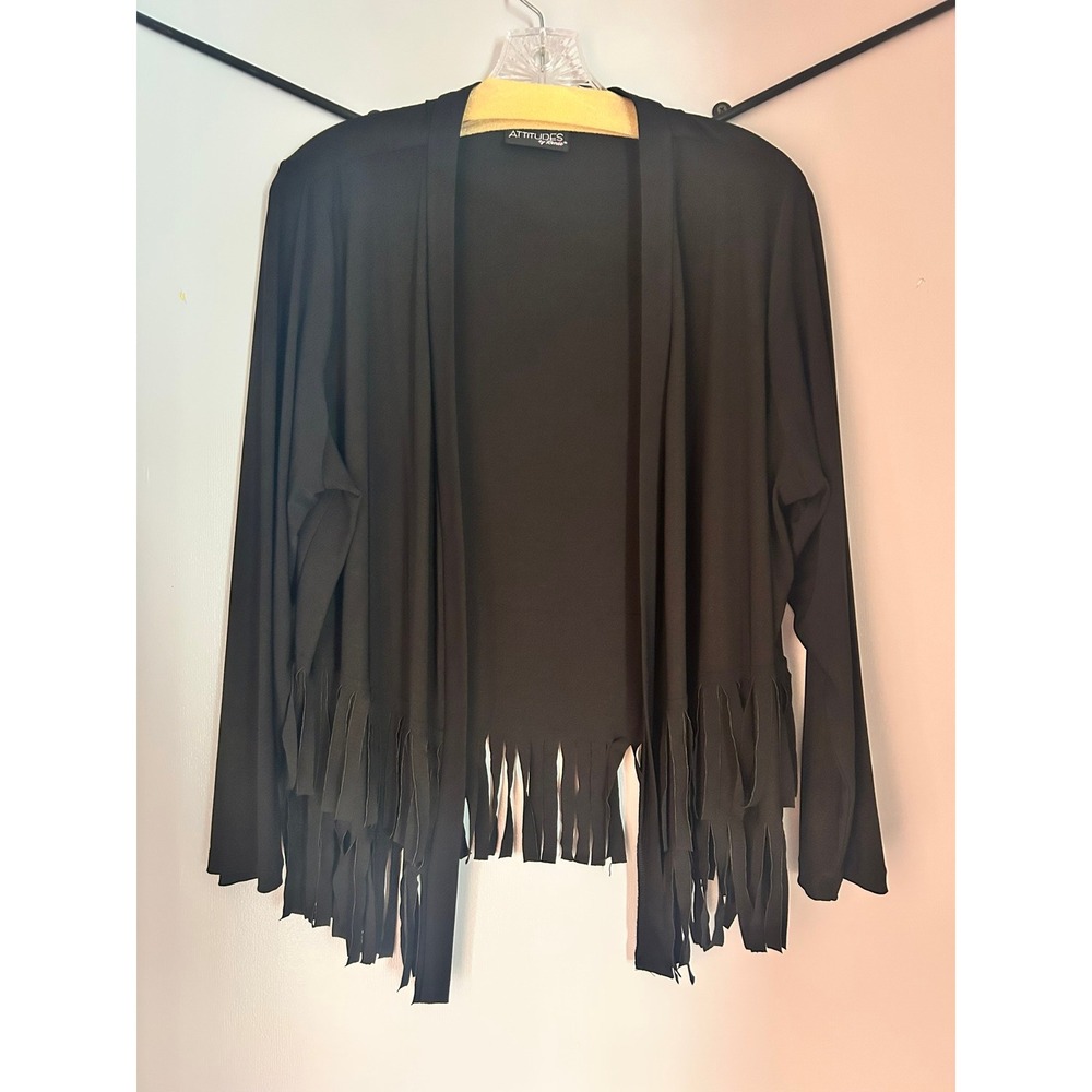 Attitudes by Renee Black Fringe Open Front Cardigan XL Long Sleeve Boho Layering
